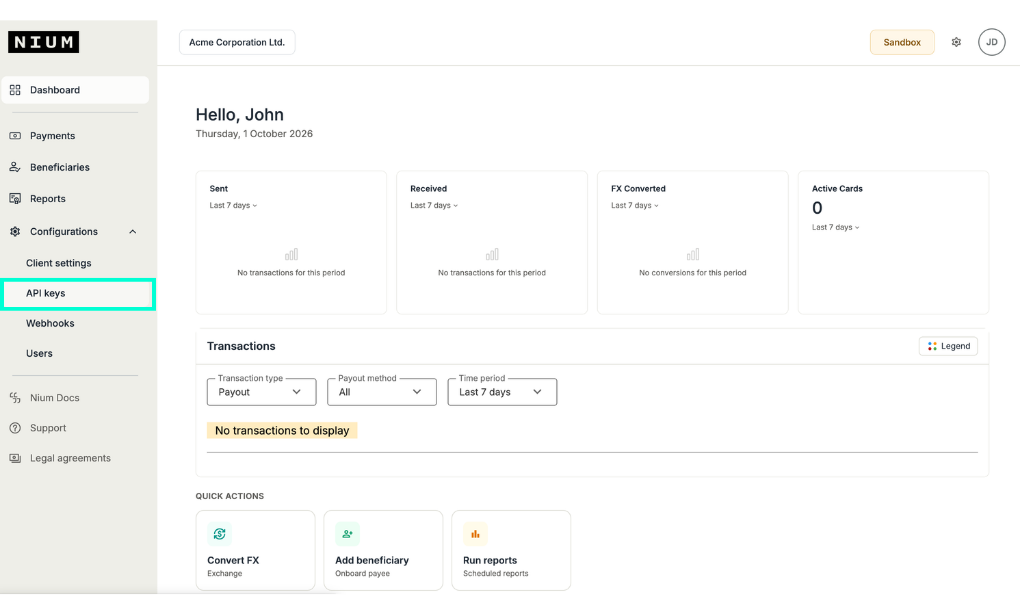 Nium Portal dashboard with API keys highlighted under Configurations in the sidebar