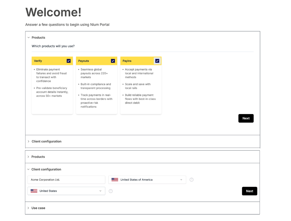 Nium Portal Welcome screen with the Products and Client configuration steps