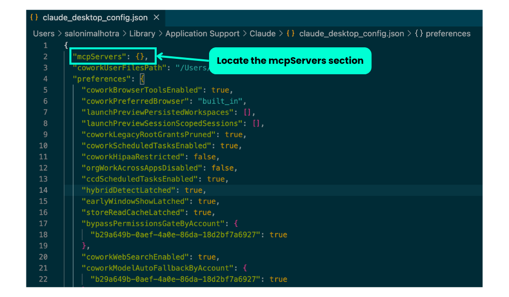 claude_desktop_config.json open in an editor with the mcpServers section highlighted