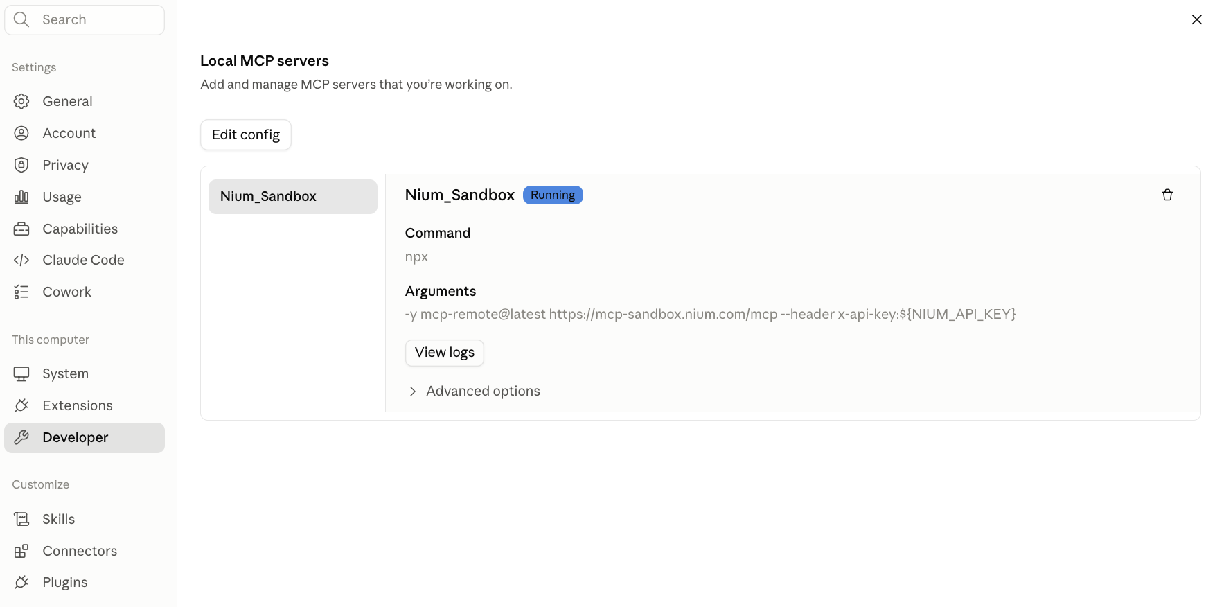 Claude Desktop Developer settings showing the Nium_Sandbox local MCP server with a Running status