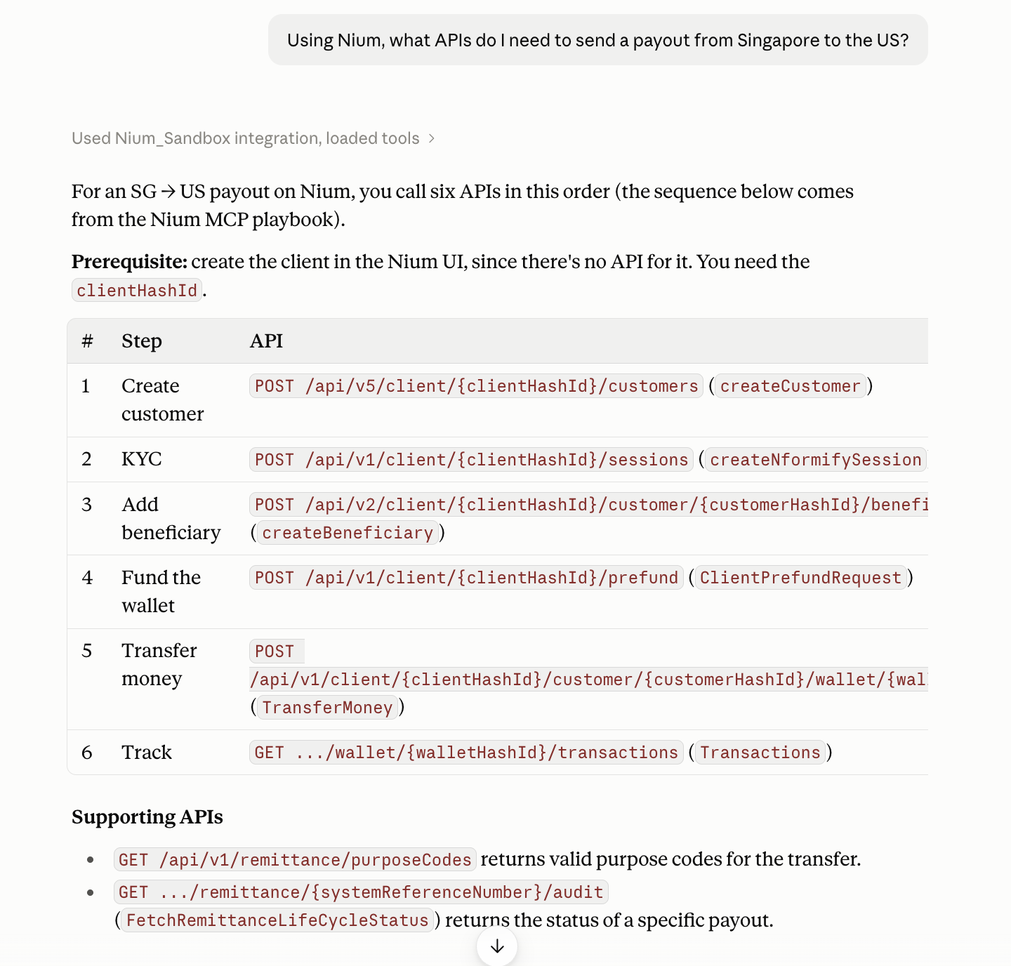 Claude response to the Singapore to US payout prompt, listing the six Nium APIs to call in order and the supporting APIs