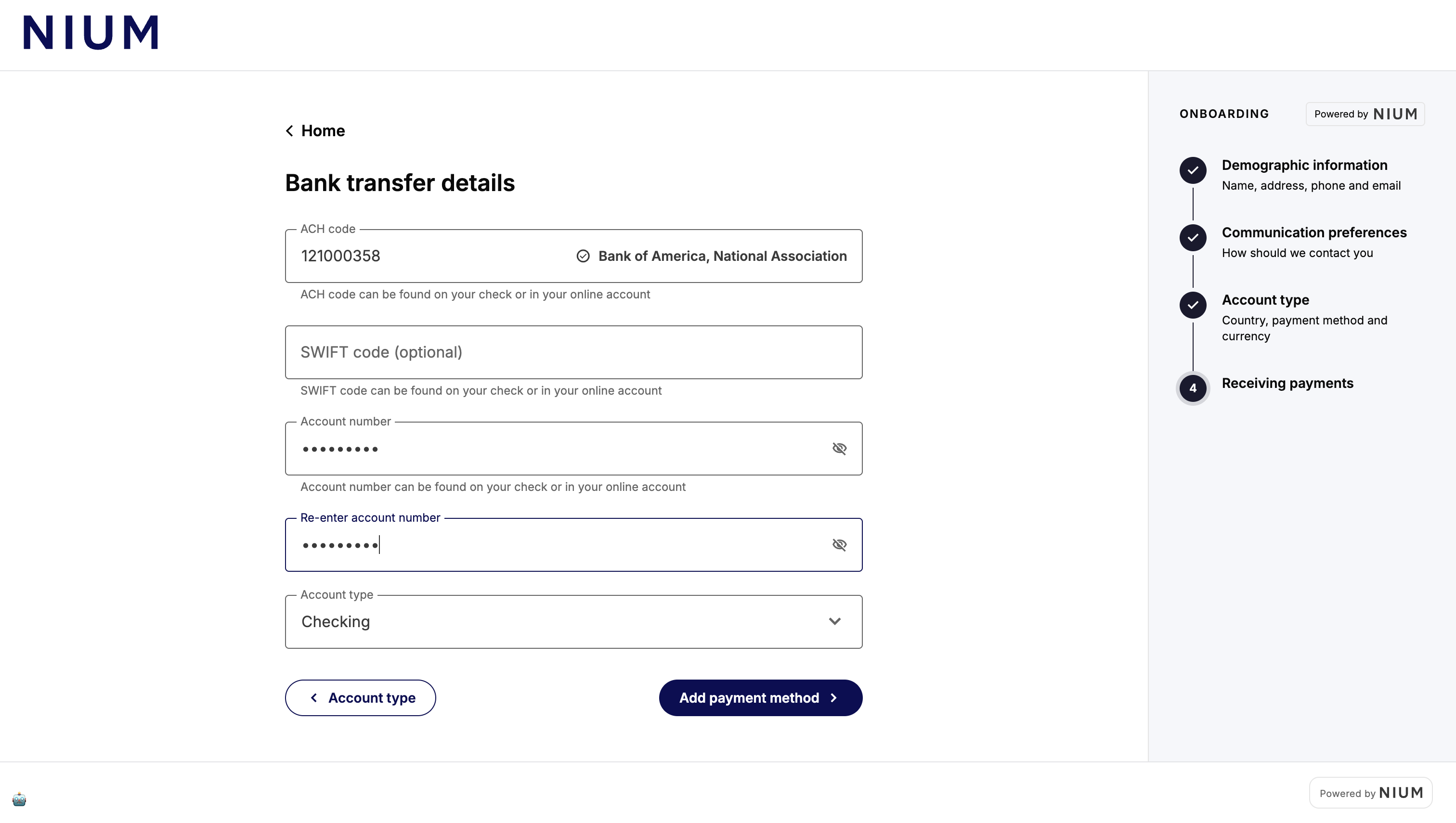 Bank transfer details